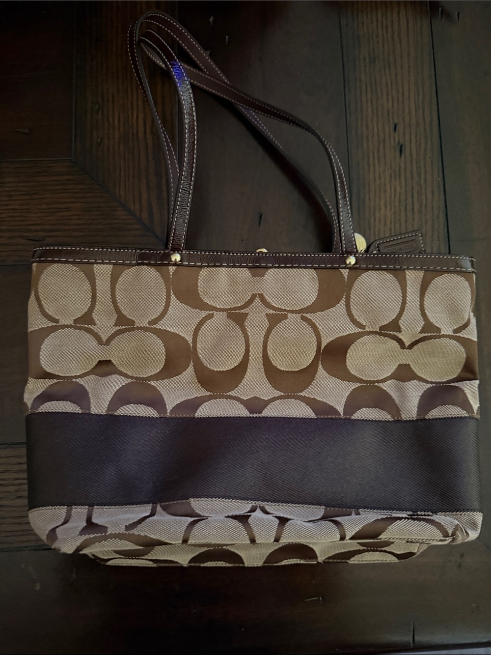 Coach Signature Canvas Tote in Brown and Tan with Dark Brown Band